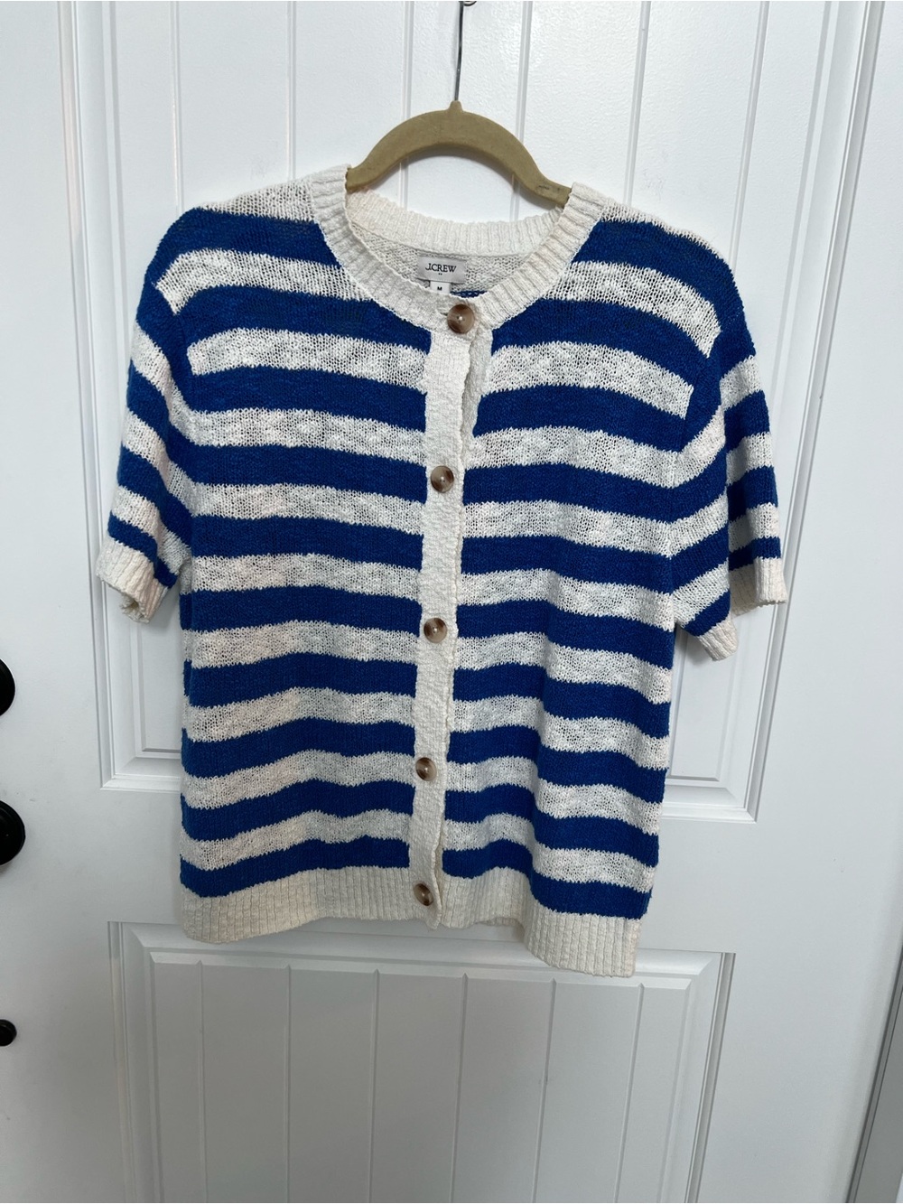J. Crew Blue and White Striped Button-Front Short Sleeve Cardigan - Picture 2 of 10